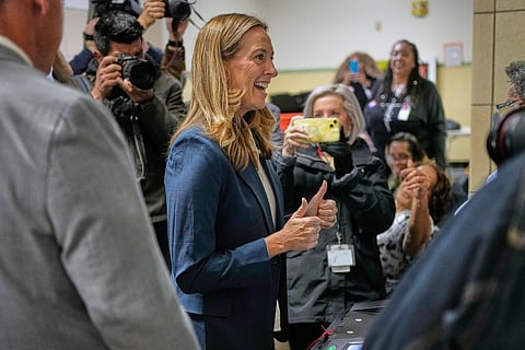 People cheer as Democrat Abigail Spanberger walks out on stage after she was declared the winner of the Virginia governor's race during an election night watch party Tuesday, Nov. 4, 2025, in Richmond, Va. 