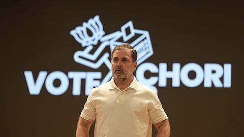 Congress leader Rahul Gandhi addresses a press conference at AICC HQ in New Delhi on Wednesday, Nov 5, 2025.