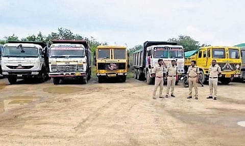 RTA officials seize overloaded tippers in Patancheruvu on Tuesday.