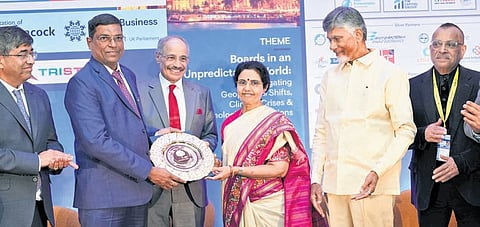 Managing Trustee of NTR Trust N Bhuvaneswari receives the prestigious awards at a ceremony in London.