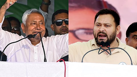 JD(U) chief and Bihar Chief Minister Nitish Kumar (L) and RJD leader Tejashwi Yadav.