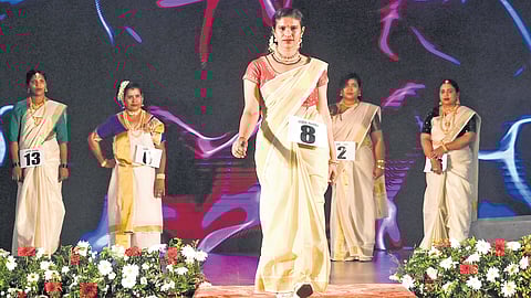 Haritha Karma Sena members walking the ramp at an event at Jubilee Hall in Kandamkulam, Kozhikode, on Wednesday.