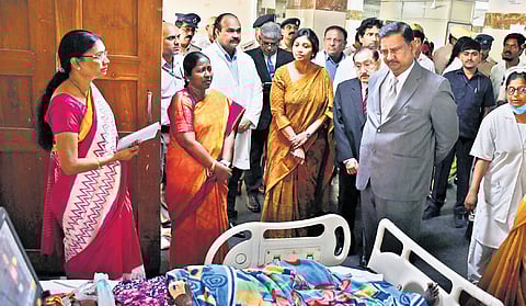 Telangana Human Rights Commission chairperson Justice Shameem Akther and other officials inspect Gandhi Hospital in Secunderabad on Thursday.