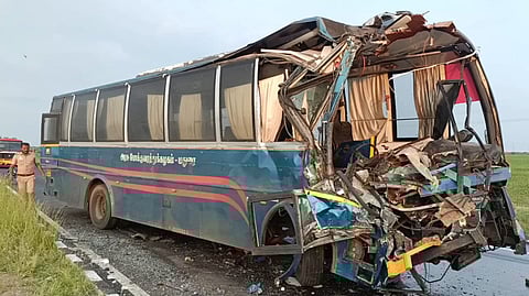 Mangled remains of TNSTC bus that rammed into the tanker on Thursday 