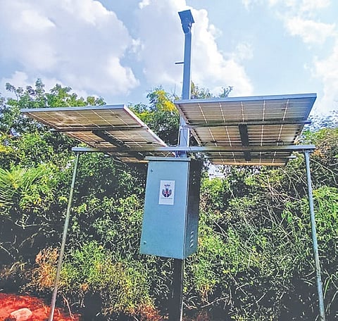 The AI-powered surveillance system installed at Kalluru in Chittoor district under a pilot project to drive away wild elephants.
