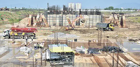 Construction activity at the Iconic Towers in Amaravati Capital Region on Thursday.
