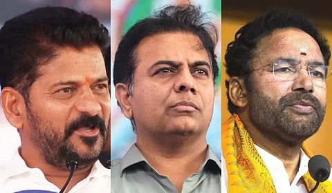 Telangana Chief Minister A Revanth Reddy (L), BRS working president KT Rama Rao and Union Minister G Kishan Reddy.