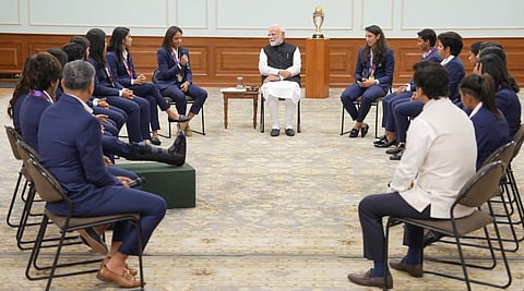 Prime Minister Narendra Modi with India's women cricketers at his residence in New Delhi. 