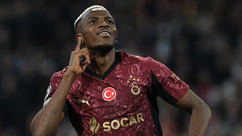 Galatasaray's Victor Osimhen reacts after scoring during the Champions League between Ajax and Galatasaray in Amsterdam, Netherlands, Wednesday, Nov. 5, 2025.