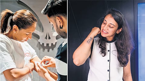 Women’s World Cup-winning captain Harmanpreet Kaur (left) and vice-captain Smriti Mandhana at Aliens Tattoo studio