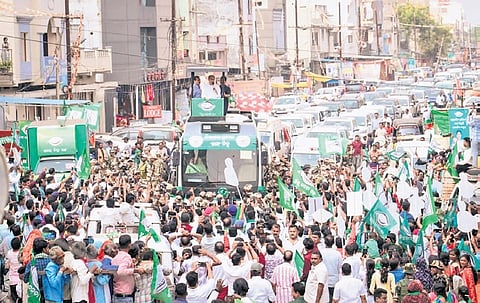 BJD president Naveen Patnaik addresses people during his roadshow at Nuapada.