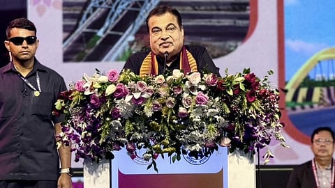 Union Minister for Road Transport and Highways Nitin Gadkari addressing the IRC-2025 in Bhubaneswar on Friday. (Photo | Express)