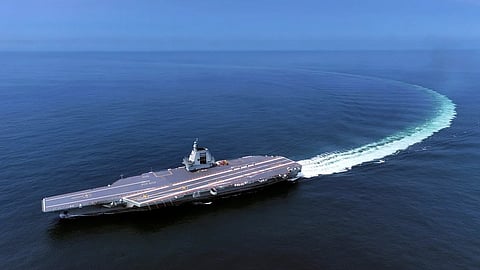 FILE - In this photo released by Xinhua News Agency, China's third conventionally powered aircraft carrier, the Fujian, conducts a maiden sea trial on May 7, 2024. 
