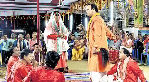 Artistes perform during Satya Pir Pala in Jagatsinghpur district 