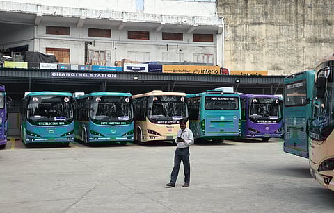 PRTC electric buses halted at the depot amid a strike by Bus drivers on Friday Morning. 