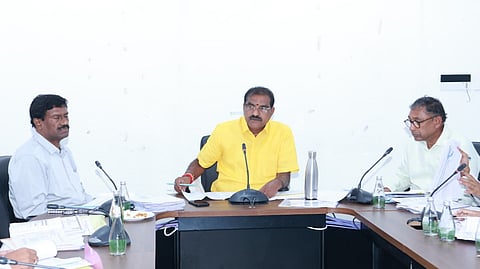 Water Resources Minister Nimmala Rama Naidu at a high-level review meeting held at the Amaravati Secretariat with senior officials and executing agencies.