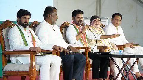 Chief Minister A Revanth Reddy speaks during a press meet at Jubilee Hills in Hyderabad on Friday