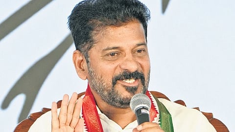 Chief Minister A Revanth Reddy speaks during a press meet at Jubilee Hills in Hyderabad on Friday.