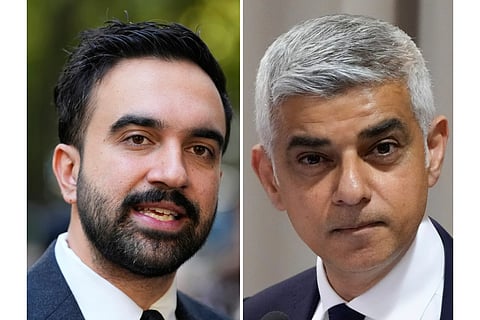 This photo combination shows New York city mayor-elect Zohran Mamdani in New York, Oct. 27, 2025 and London Mayor Sadiq Khan at The Vatican, May 16, 2024.