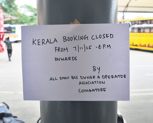 A notice put up by All Omni Bus Owners and Operators Association at the Coimbatore omni bus stand.