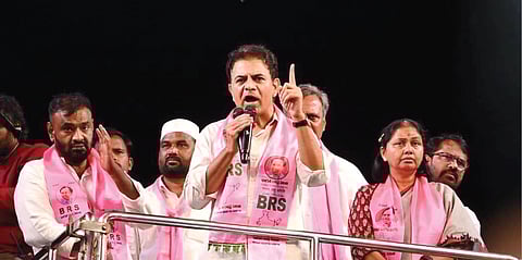 BRS working president KT Rama Rao addresses people during the Jubilee Hills byelection campaign at Erragadda, Hyderabad, on Saturday.