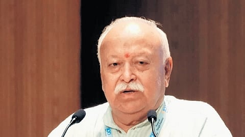 RSS chief Mohan Bhagwat speaks during a lecture series in Bengaluru on Saturday