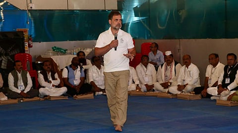 Congress leader Rahul Gandhi addresses a training camp for district and city presidents of the party's Madhya Pradesh unit in Pachmarhi on Saturday.