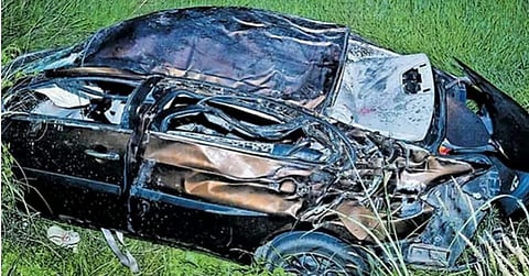 The vehicle that met with the accident resulting in the death of three youths on Saturday night in Palakkad.