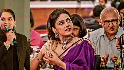 (Left) Veda Krishnamurthy speaks upon receiving the Devi Award and Devi awardee Shraddha Srinath with proud father Colonel S Srinath