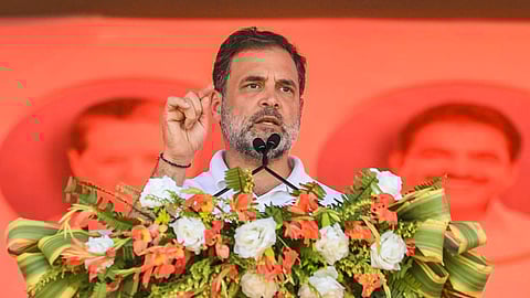 LoP in the Lok Sabha and Congress leader Rahul Gandhi addresses a rally during Bihar Assembly elections, in Kishanganj.