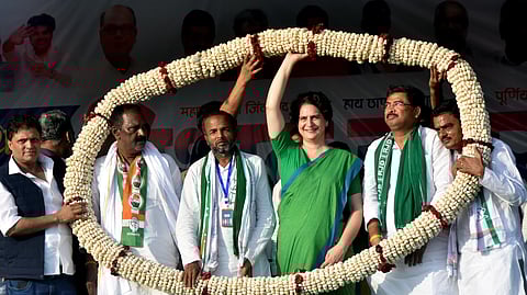  Congress General Secretary Priyanka Gandhi Vadra during a rally for Bihar Assembly elections, in Purnia district, Saturday, Nov. 8, 2025.