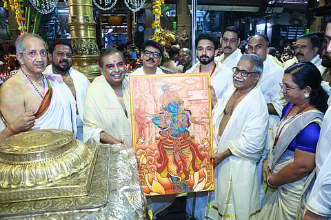 was received by Devaswom Chairman Dr. V.K. Vijayan, Governing Body Member C. Manoj, and Administrator O.B. Arun Kumar, and was felicitated with a ponnadai  (shawl) and also gifted a mural painting as a token from the Devaswom.