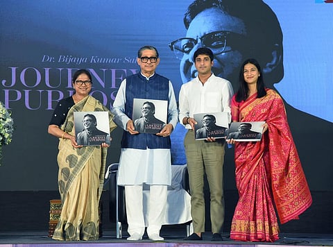 Spiritual thinker and humanitarian Guruji Chandra Bhanu Satpathy unveiling a coffee table book detailing the life and legacy of Bijaya Kumar Sahoo.