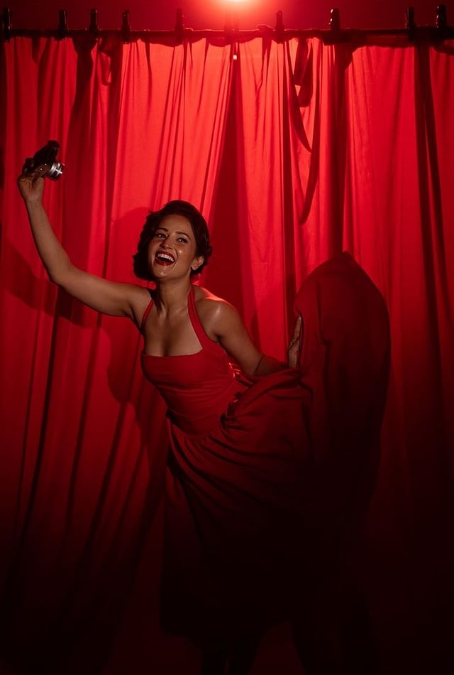 Actor Brinda Acharya’s gown designed by Laxmi Krishna captures the disco glamour aesthetic