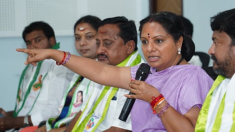 Telangana Jagruthi president K Kavitha addressing the media at Warangal.