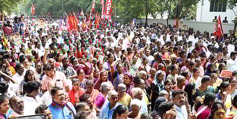 DMK and alliance party members stage demonstration against SIR process in Tiruchy on Tuesday.