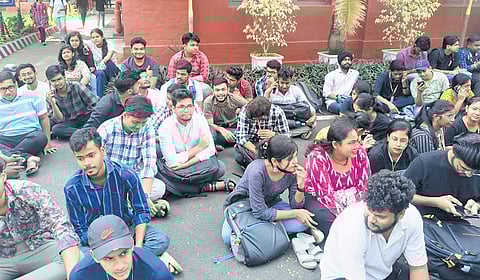 Computer Science students staging dharna in front of the V-C’s office on Monday