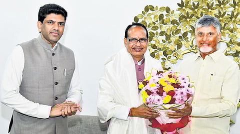 CM N Chandrababu Naidu greets Union Agriculture Minister SS Chouhan.