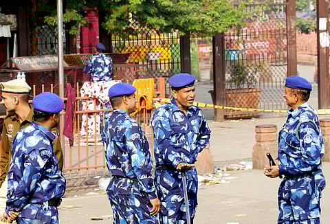 Security personnel near Red Fort in the wake of a blast on Monday which claimed the lives of 12 people and injured several, in New Delhi, Wednesday, Nov. 12, 2025. 