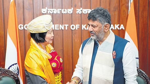 Deputy CM DK Shivakumar greets Singapore’s Minister for Foreign Affairs, Trade and Industry Gan Siew Huang in Bengaluru on Wednesday.