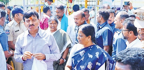 Ministers Ponguleti Srinivasa Reddy, Konda Surekha, Adluri Laxman Kumar and Danasari Anasuya inspect the ongoing works of the Sammakka-Saralamma temple