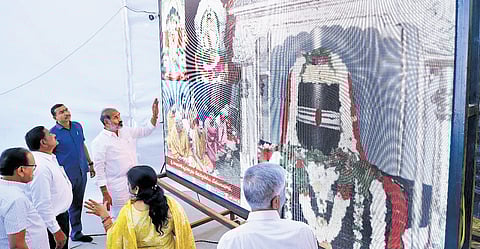 Governement whip Aadi Srinivas inspect LED screen arranged for devotees facility to see inside rituals of Sri Raja Rajeshwara Swamy temple,Vemulawada in Rajanna-Sircilla district on Wednesday.