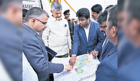 Chief Minister Nara Chandrababu Naidu examines the layout at the inauguration of MSME park at Pedairlapadu in Kanigiri Assembly constituency on Tuesday.