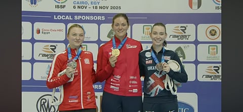 (from left)  Emely Jaeggi of Switzerland, Norway's Jeanette Hegg Duestad and Seonaid Mcintosh of Great Britain