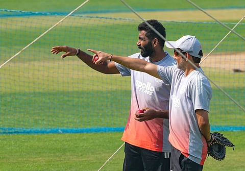 India pacer Jasprit Bumrah (L) & coach Gautam Gambhir during a training session in Kolkata on Wednesday