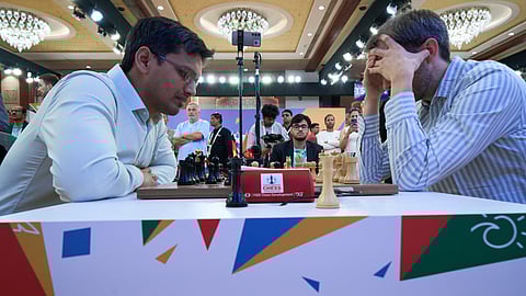GM P Harikrishna (L) in action against GM Nils Grandelius of Sweden during Round 4 Tie-break game in FIDE World Cup