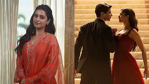 Bhagyashri Borse along with a still of her and Dulquer Salmaan in Kaantha