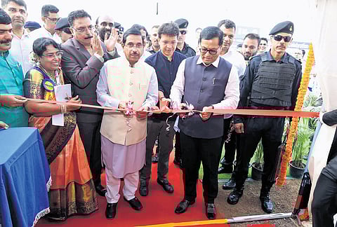 Union ministers Sarbanand Sonowal and Pralhad Joshi, Dakshina Kannada MP 
Capt Brijesh Chowta, New Mangalore Port Authority Chairman Dr AV Ramana and others at the golden jubilee celebrations of NMPA in Mangaluru on Thursday 