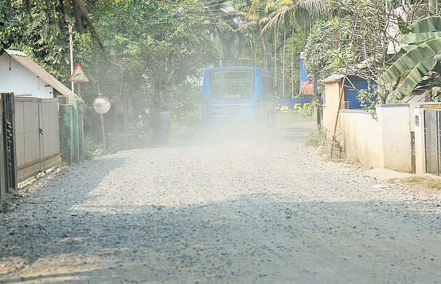 The dilapidated Ezhupunna-Kumbalangi road through which heavy vehicles are being diverted from Thuravoor due to highway construction 