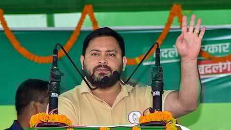 RJD leader Tejashwi Yadav during a poll campaign in Bihar. 